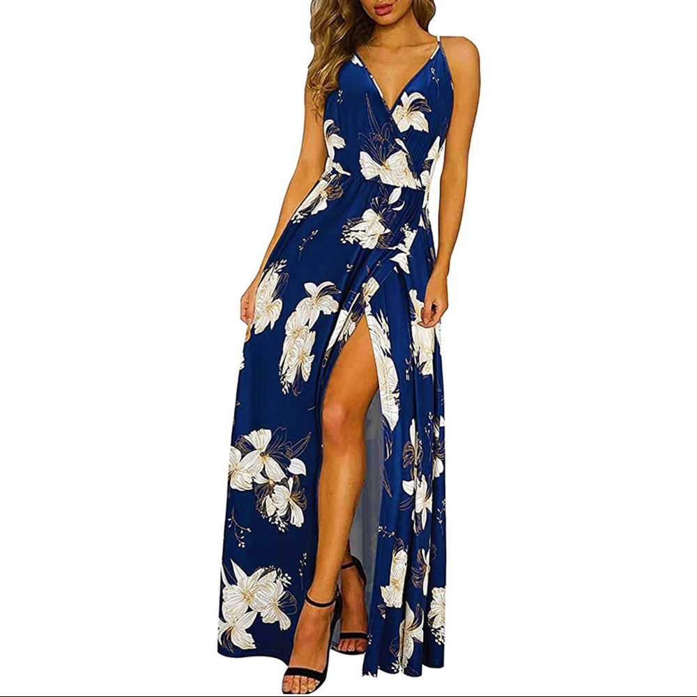 Blue Floral Maxi Dress with Slit